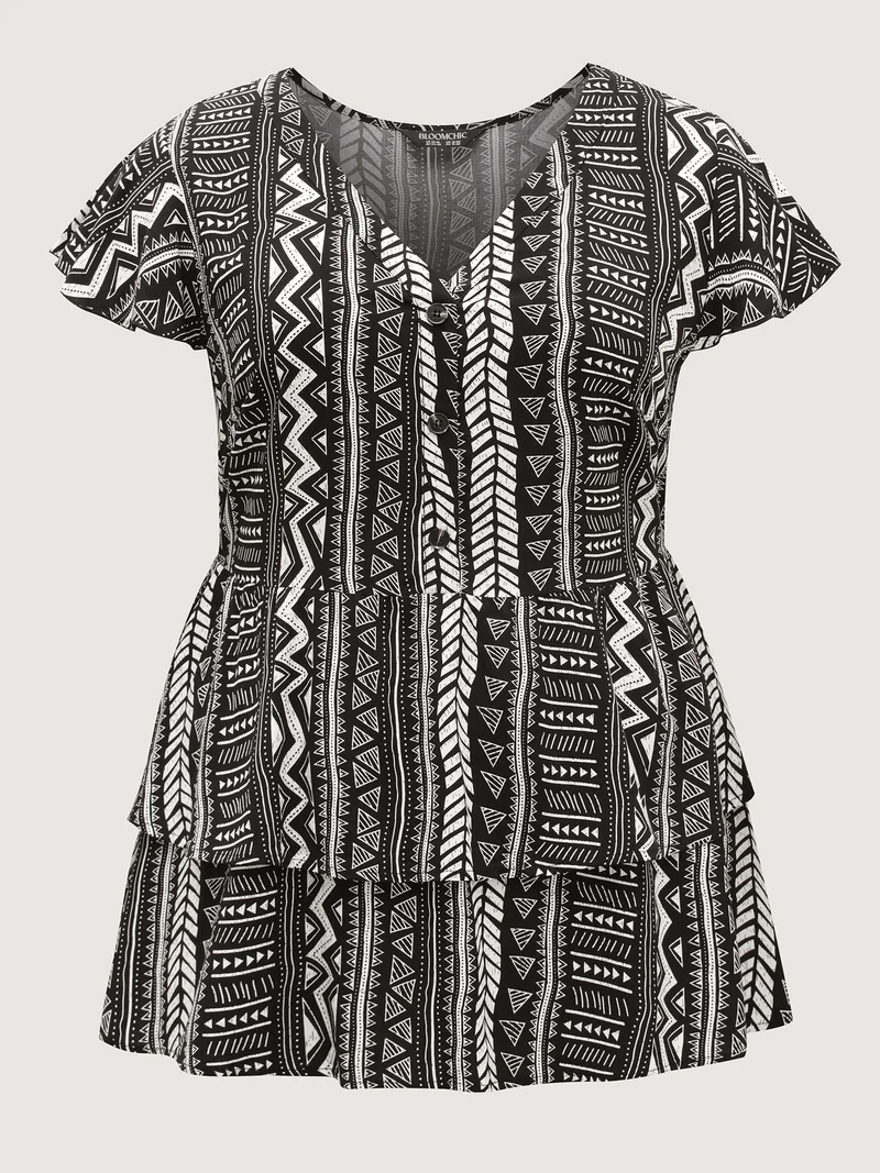 Geometric Print Button Layered Blouse