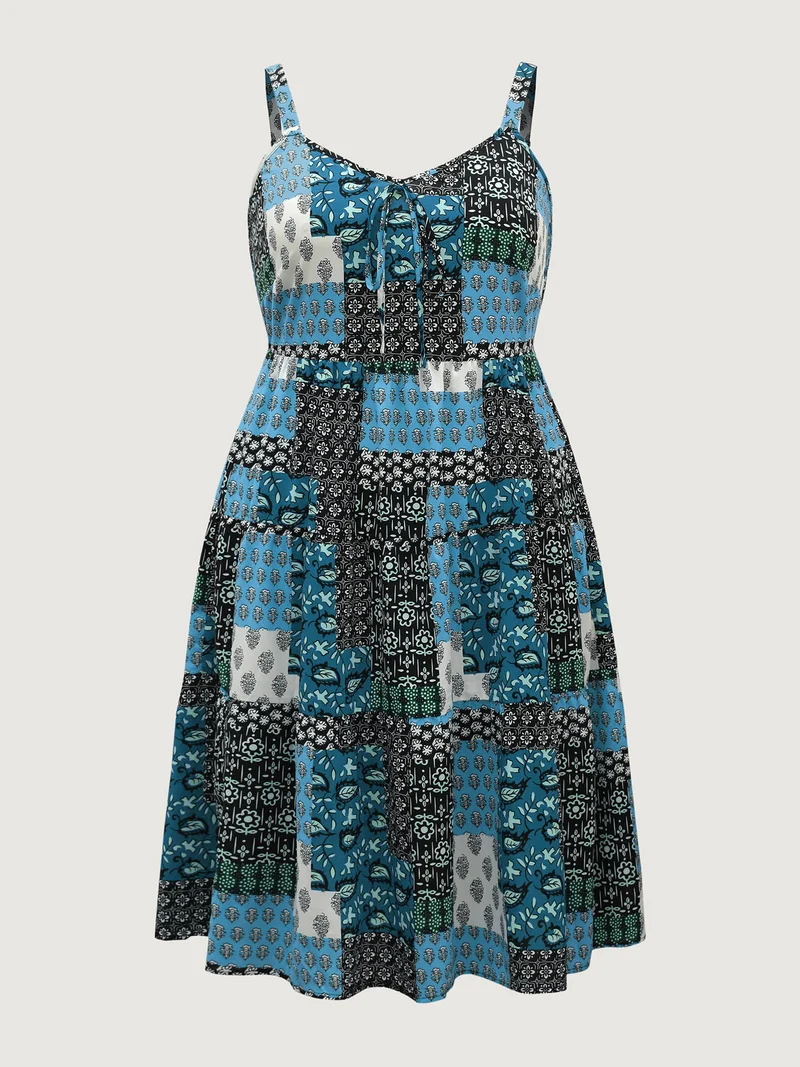 Boho Floral Collage Stretchy Waist Midi Dress