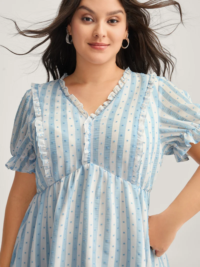 Textured Striped Print Ruffled Babydoll Top