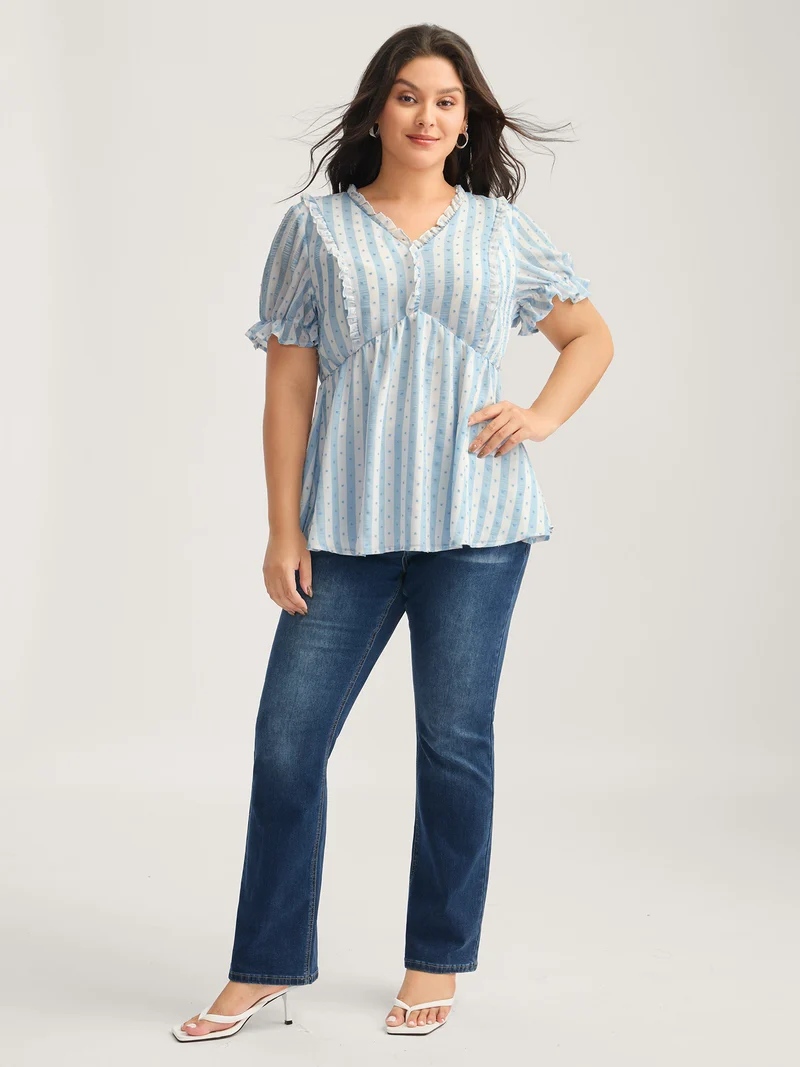 Textured Striped Print Ruffled Babydoll Top