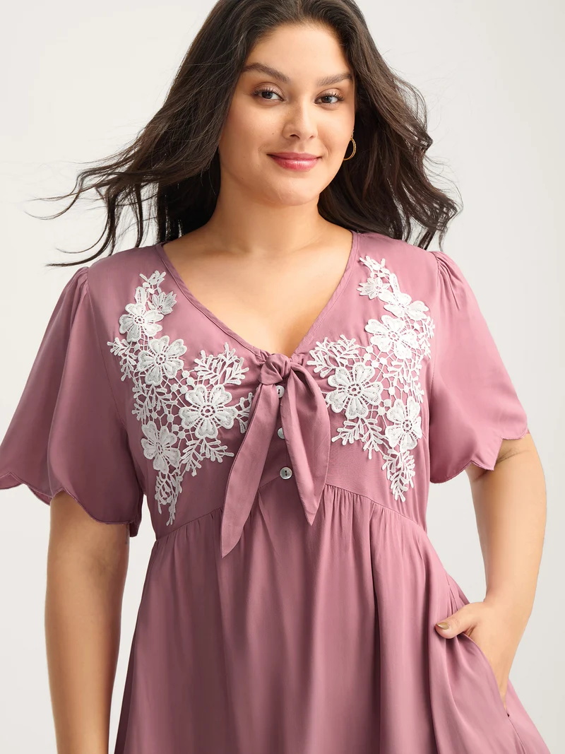 Rayon Bodice Embroidered Patchwork Knot Midi Dress