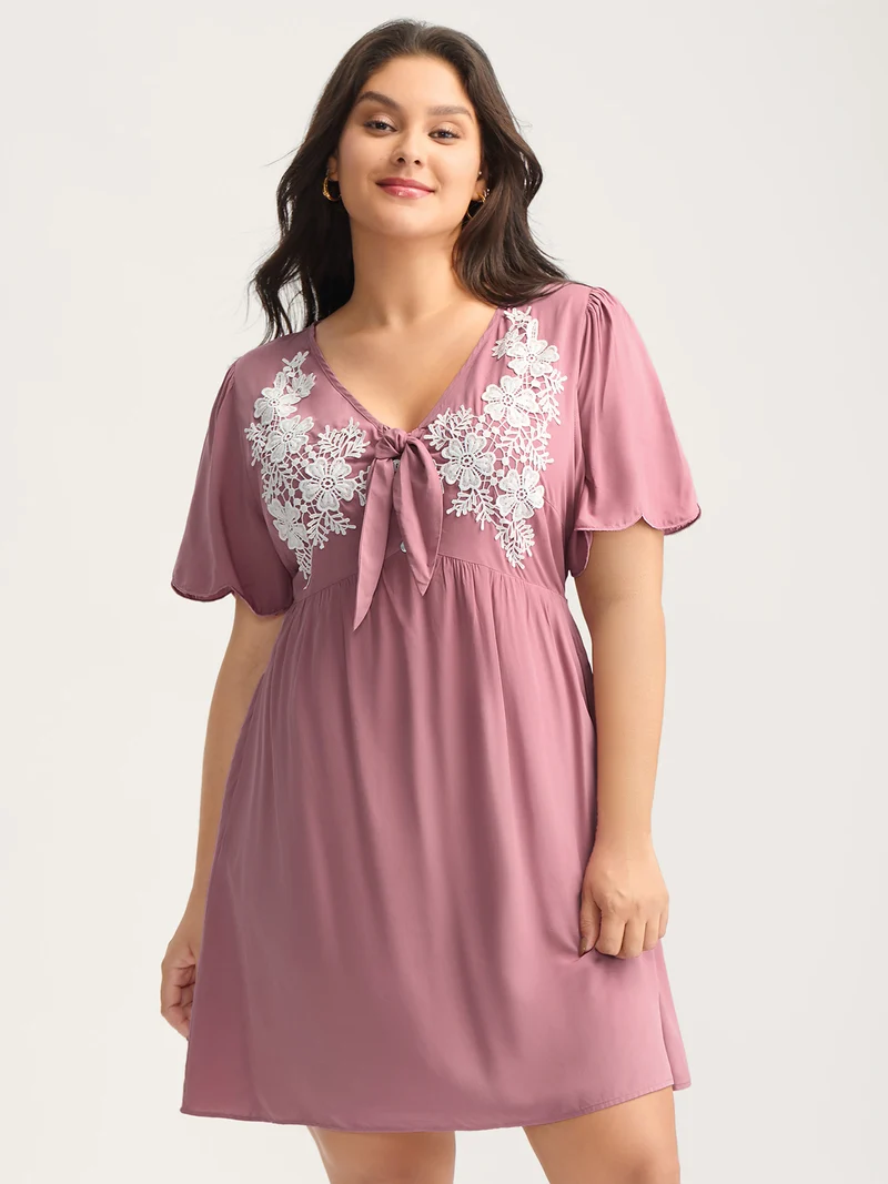 Rayon Bodice Embroidered Patchwork Knot Midi Dress