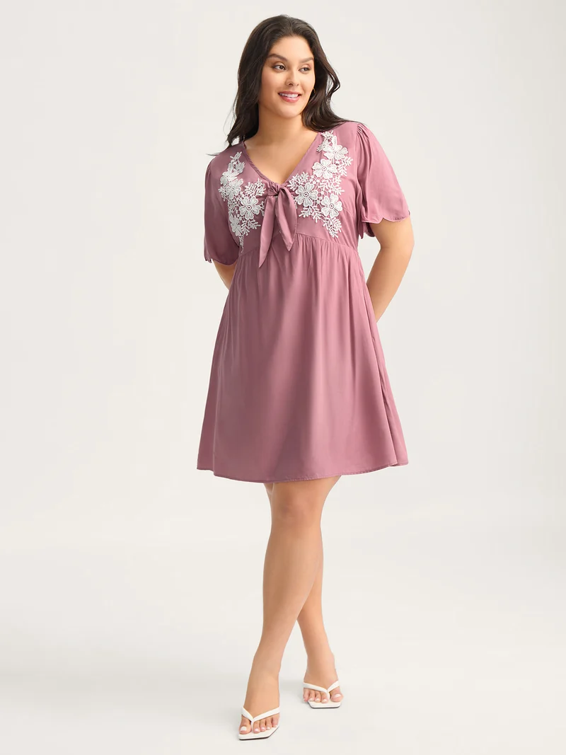 Rayon Bodice Embroidered Patchwork Knot Midi Dress