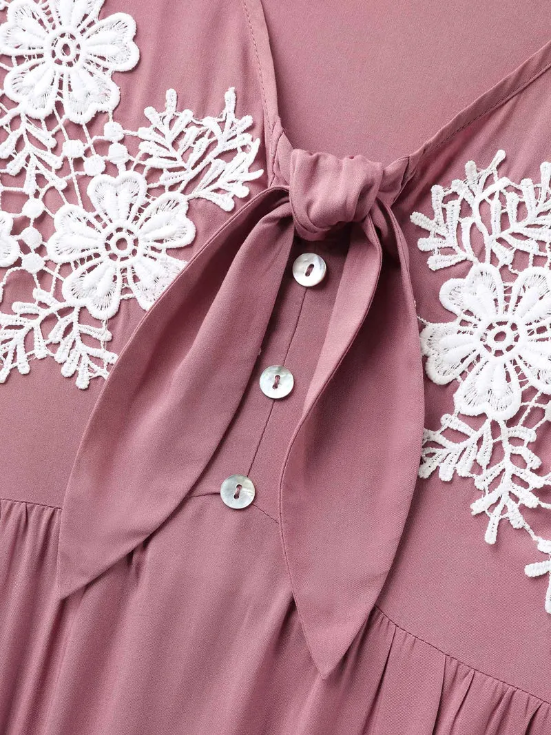 Rayon Bodice Embroidered Patchwork Knot Midi Dress