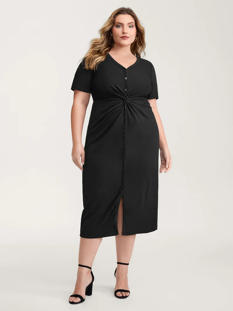 Twist Front Button Slit Midi Dress