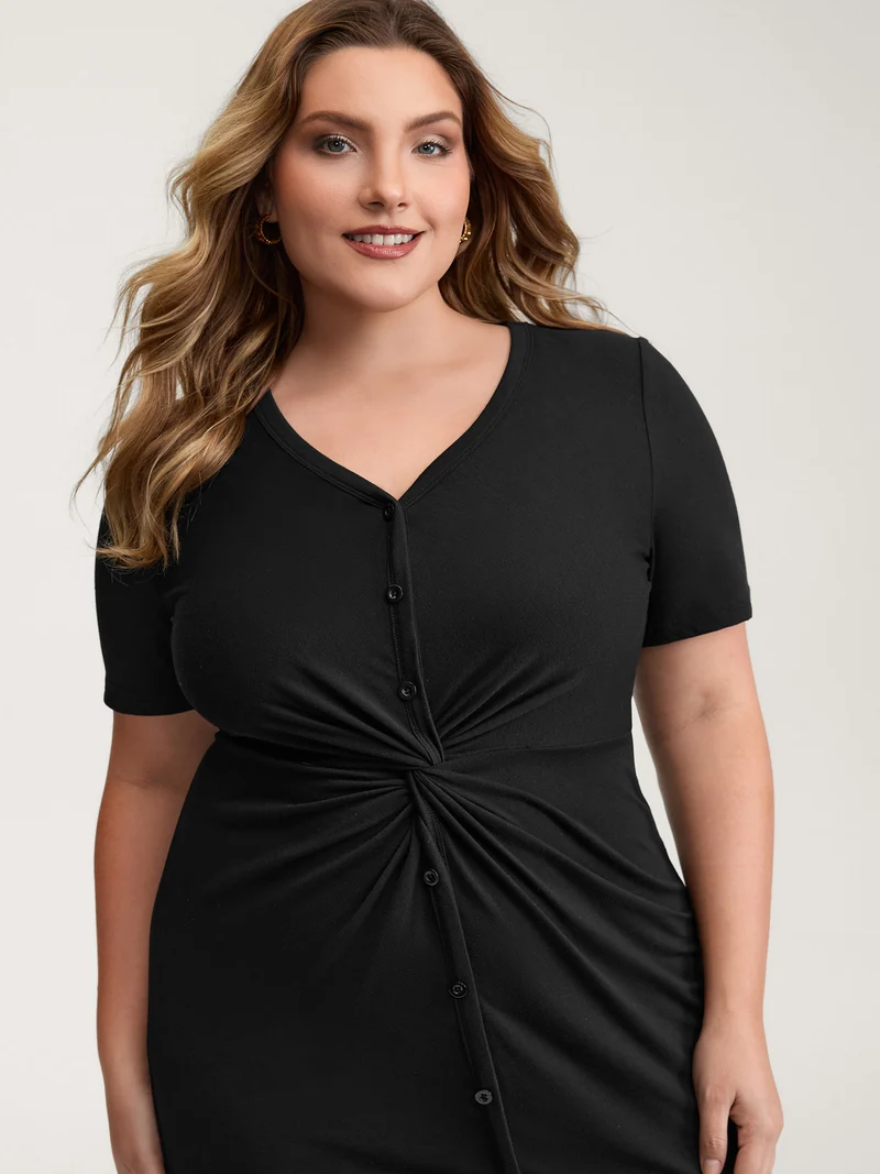 Twist Front Button Slit Midi Dress