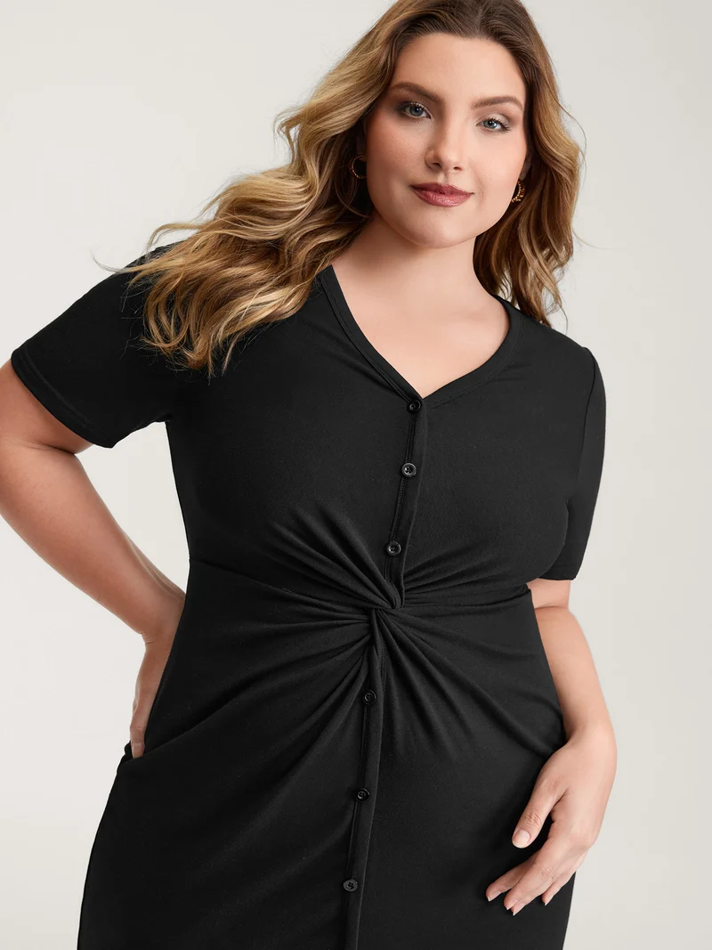 Twist Front Button Slit Midi Dress