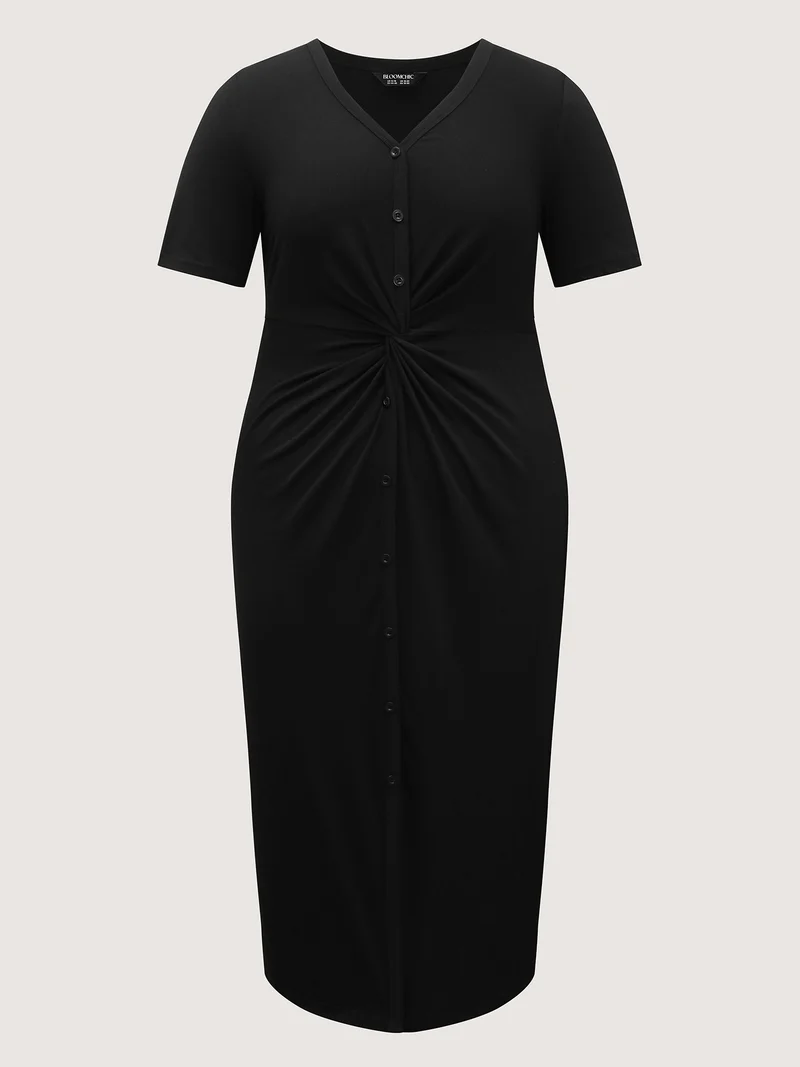 Twist Front Button Slit Midi Dress