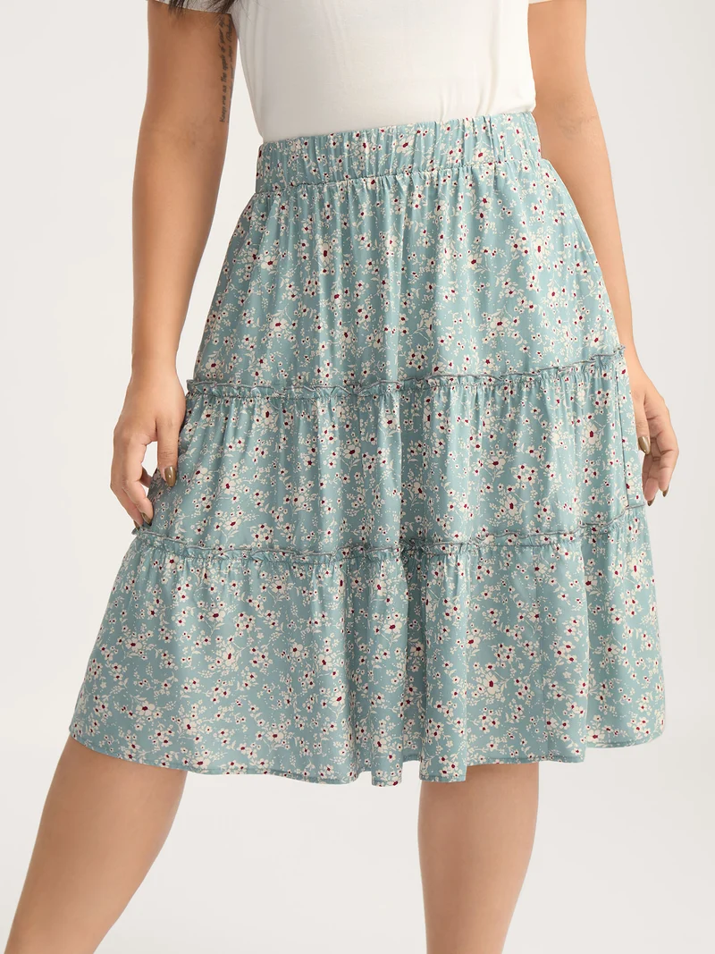Floral Print Stretchy Waist Tiered Midi Skirt