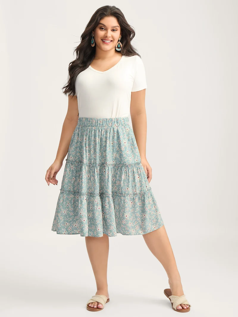 Floral Print Stretchy Waist Tiered Midi Skirt