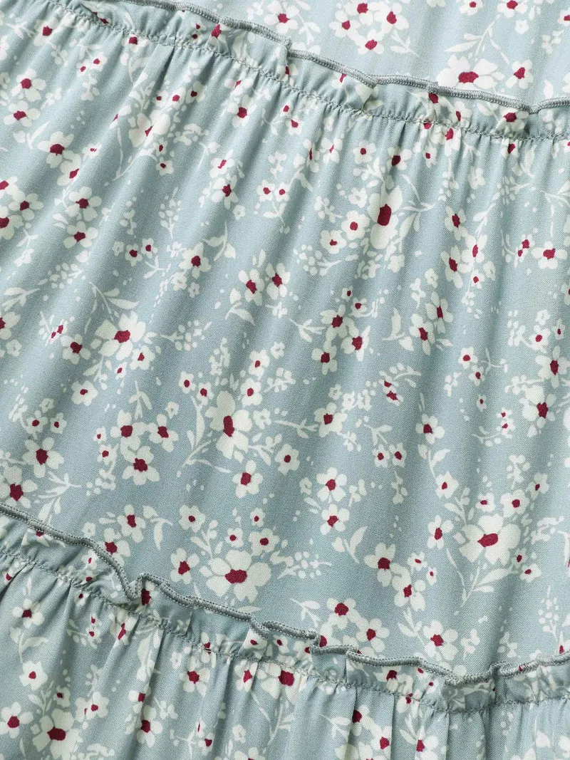 Floral Print Stretchy Waist Tiered Midi Skirt