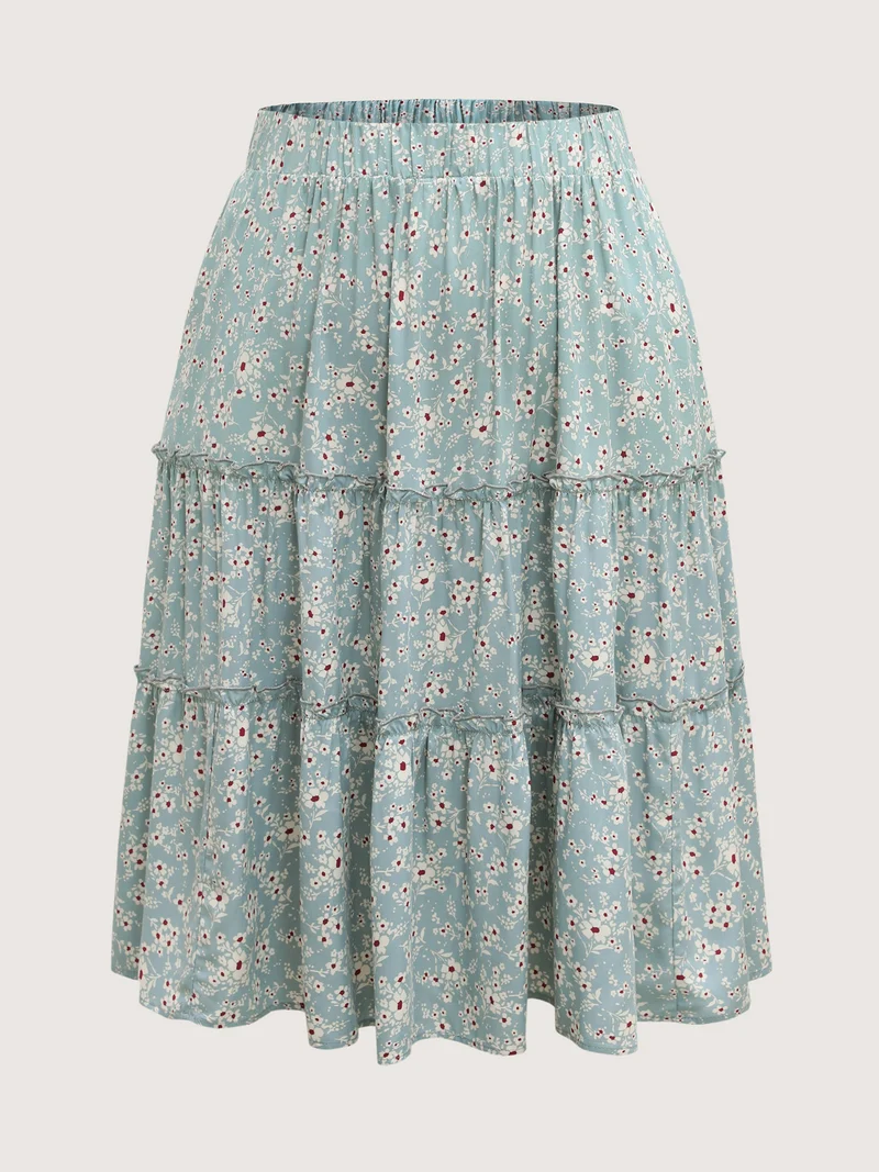 Floral Print Stretchy Waist Tiered Midi Skirt