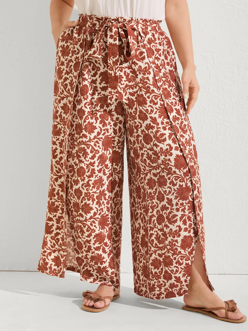 Boho Overlap Slit Belted Wide-Leg Pants