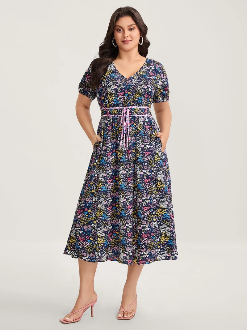 Rayon Floral Print Contrast Pockets Midi Dress