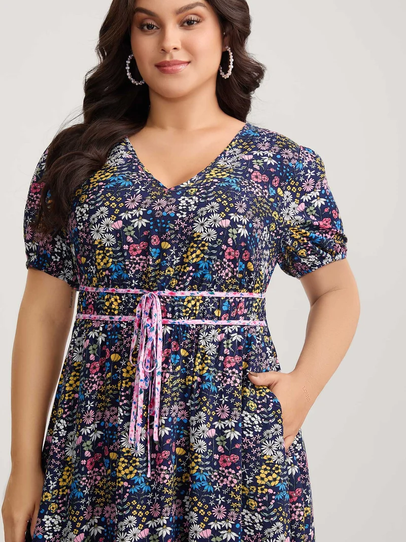 Rayon Floral Print Contrast Pockets Midi Dress