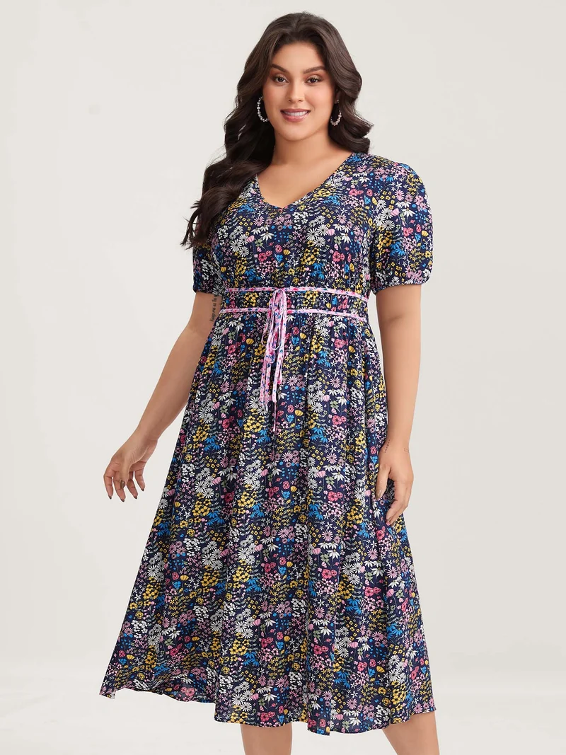 Rayon Floral Print Contrast Pockets Midi Dress