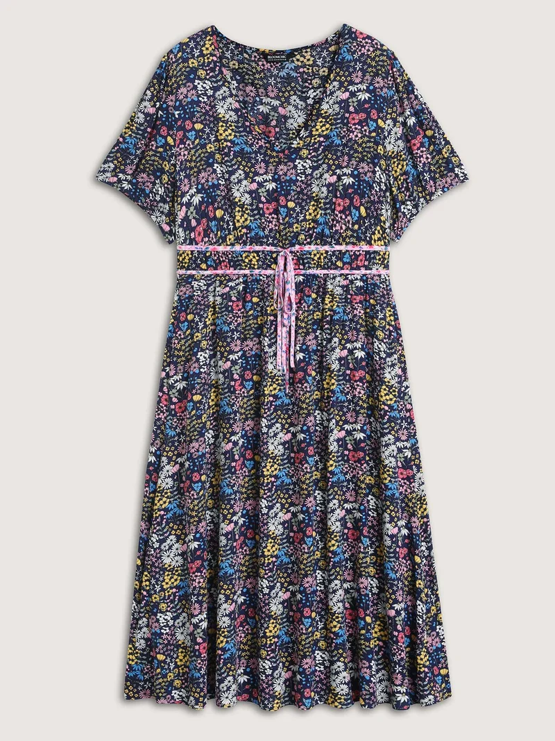 Rayon Floral Print Contrast Pockets Midi Dress