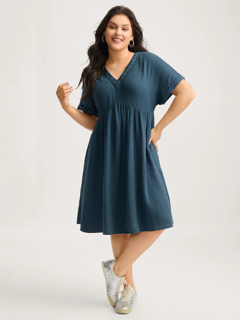 Pure Cotton Lace V-Neck Solid Midi Dress