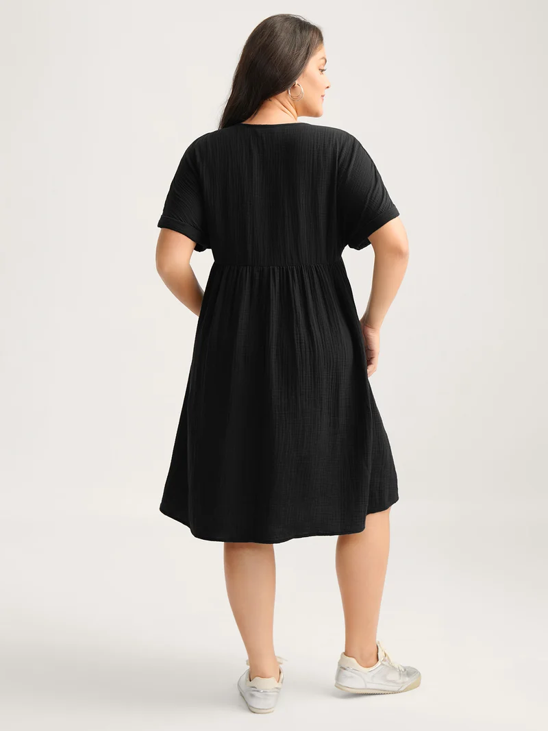Pure Cotton Lace V-Neck Solid Midi Dress