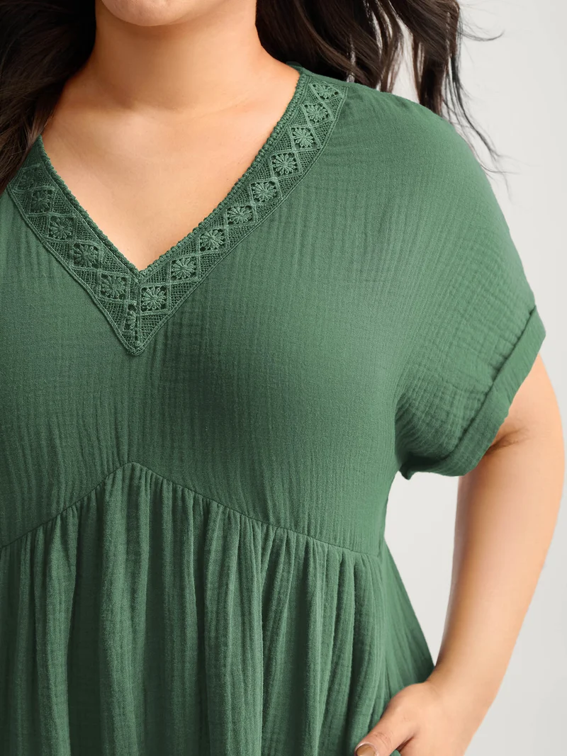 Pure Cotton Lace V-Neck Solid Midi Dress