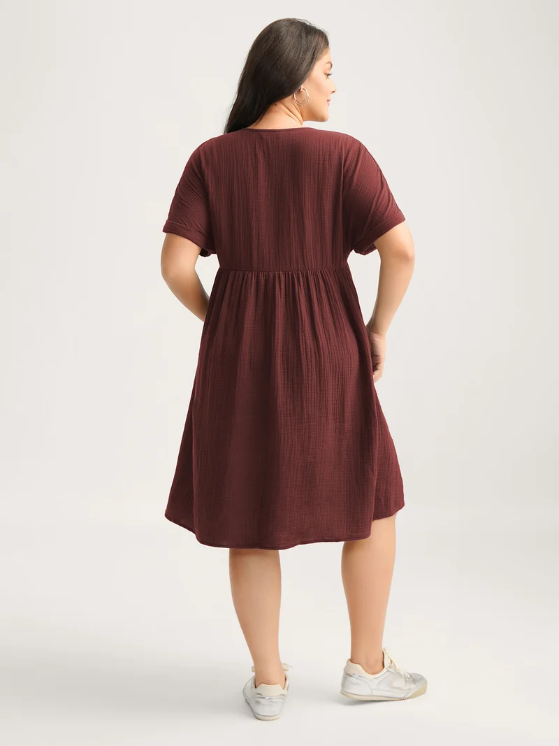 Pure Cotton Lace V-Neck Solid Midi Dress