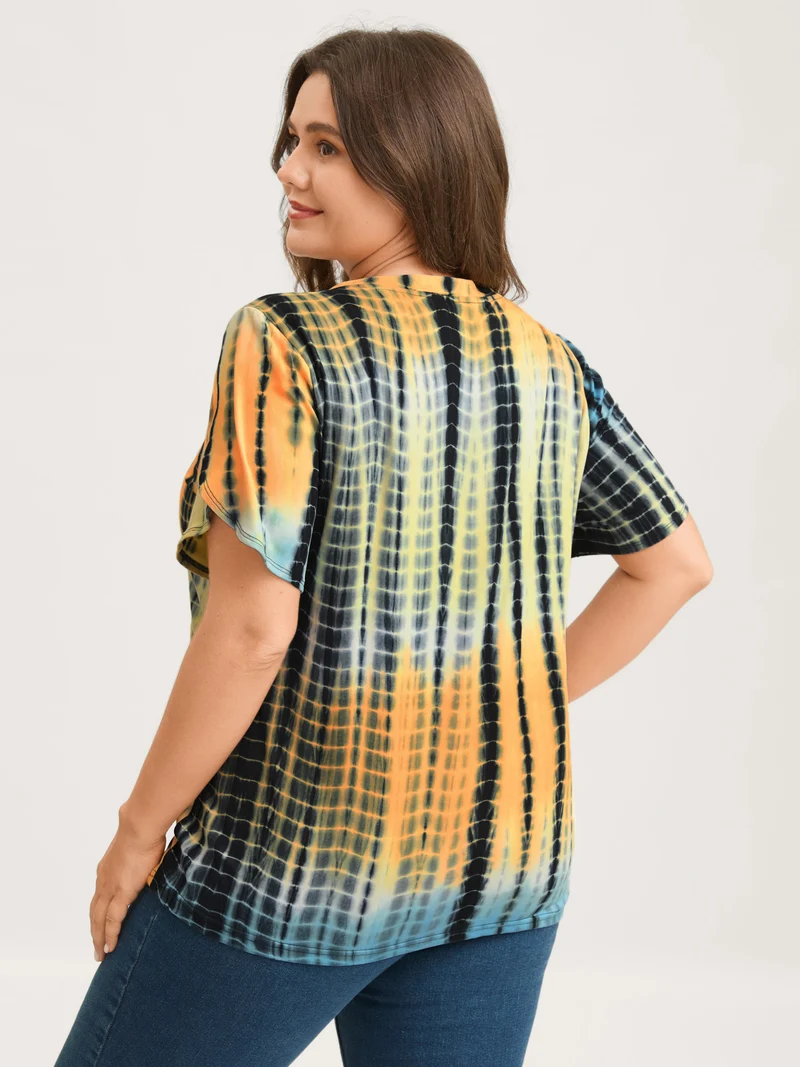 Tie-Dye Petal Sleeve V-Neck T-Shirt
