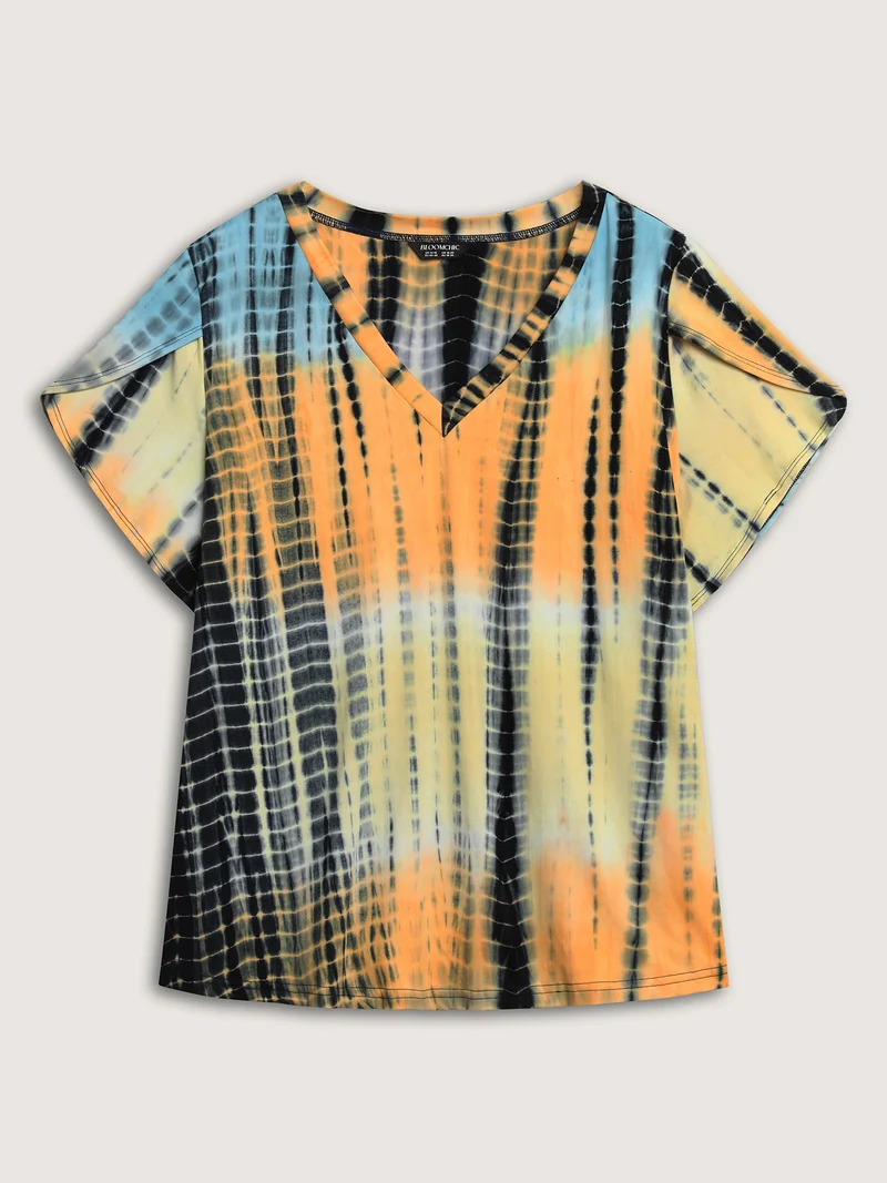 Tie-Dye Petal Sleeve V-Neck T-Shirt