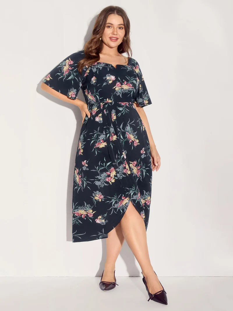 Notched Collar Floral Print Overlap Midi Dress