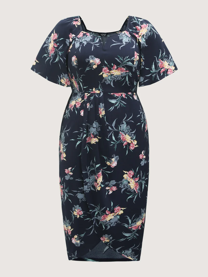 Notched Collar Floral Print Overlap Midi Dress