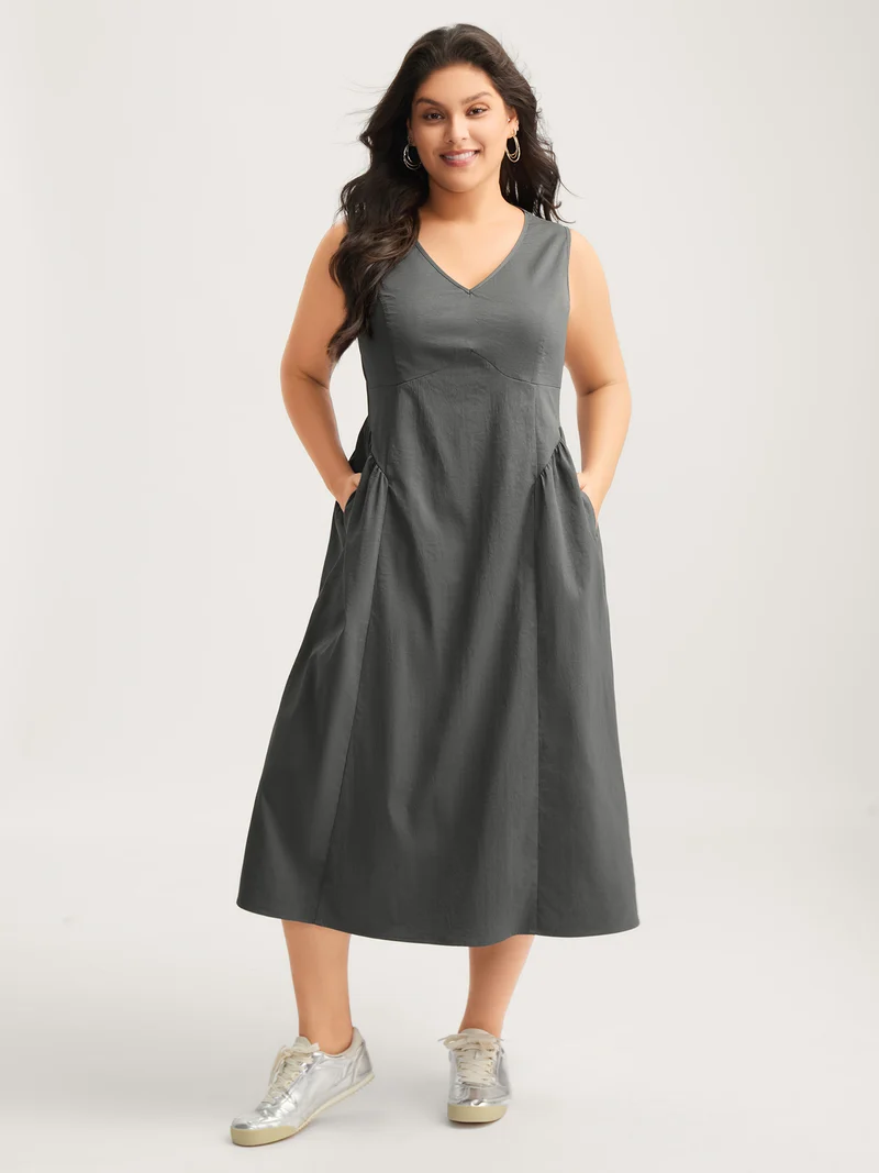 Solid Pleated Drop Waist Midi Dress