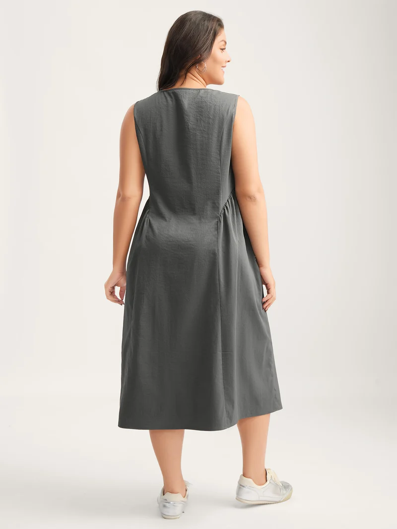 Solid Pleated Drop Waist Midi Dress