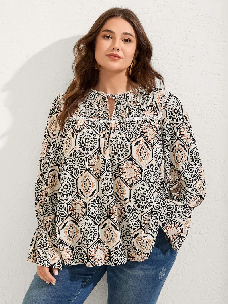 Ornate Print Toothpick Pleats Blouse