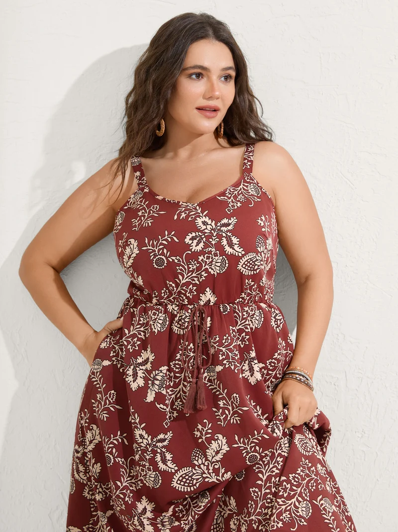 Floral Waist-Tie Pockets Midi Dress