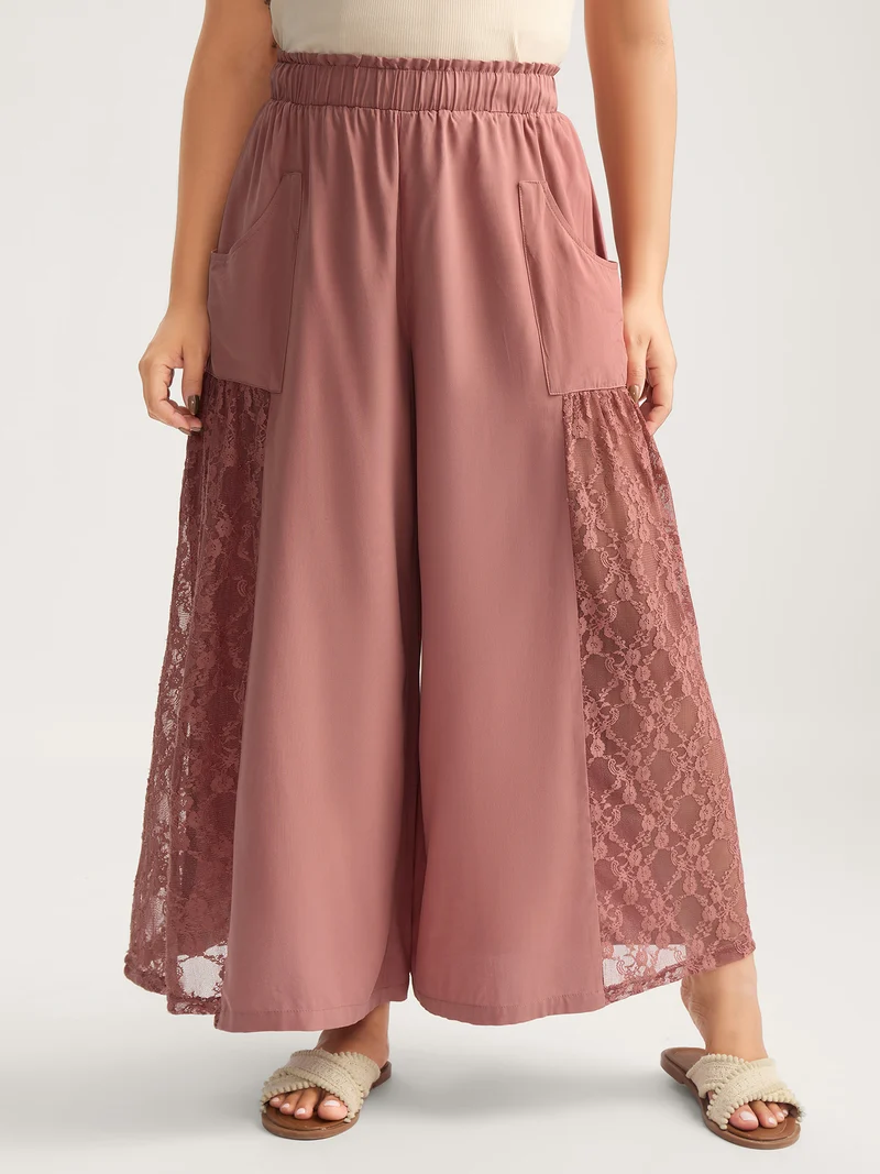 Lace Detail Stretchy Waist Wide-Leg Pants