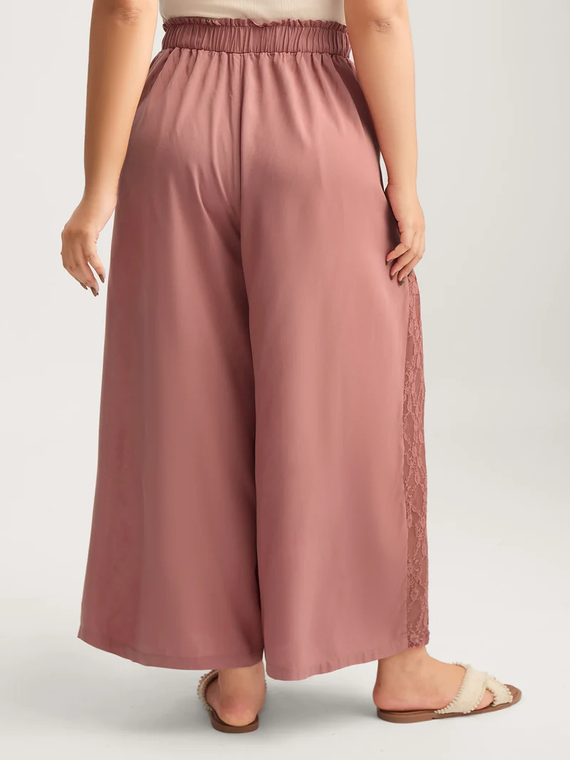 Lace Detail Stretchy Waist Wide-Leg Pants