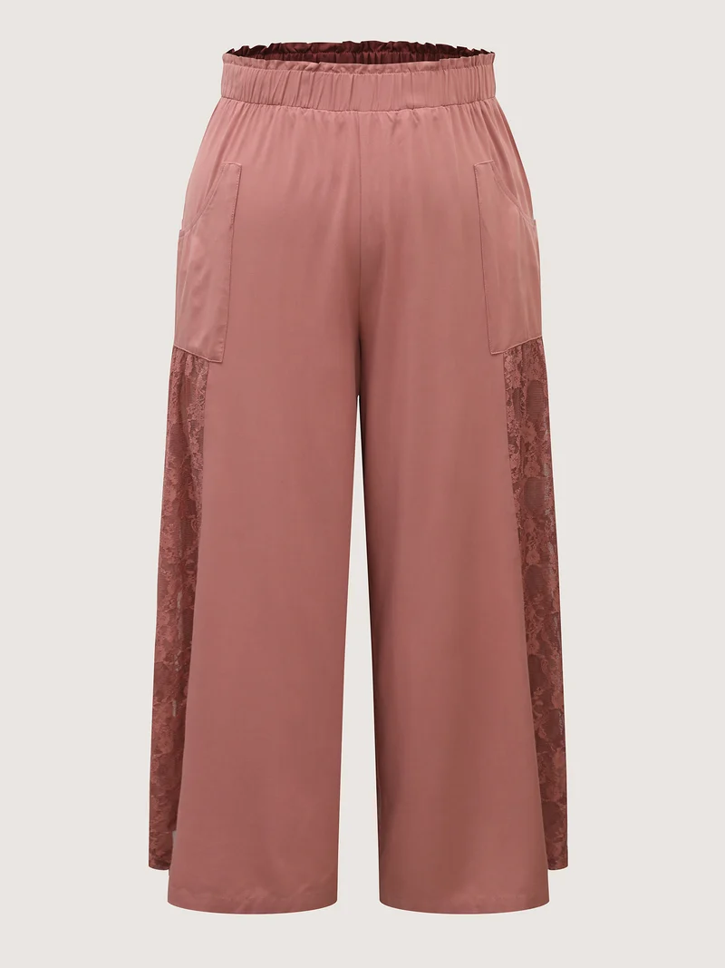 Lace Detail Stretchy Waist Wide-Leg Pants