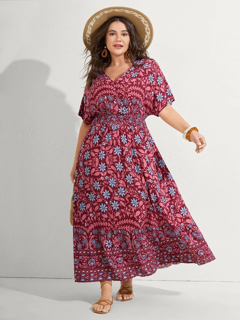 Rayon Boho Floral Shirred Waist Midi Dress