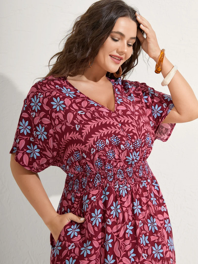 Rayon Boho Floral Shirred Waist Midi Dress