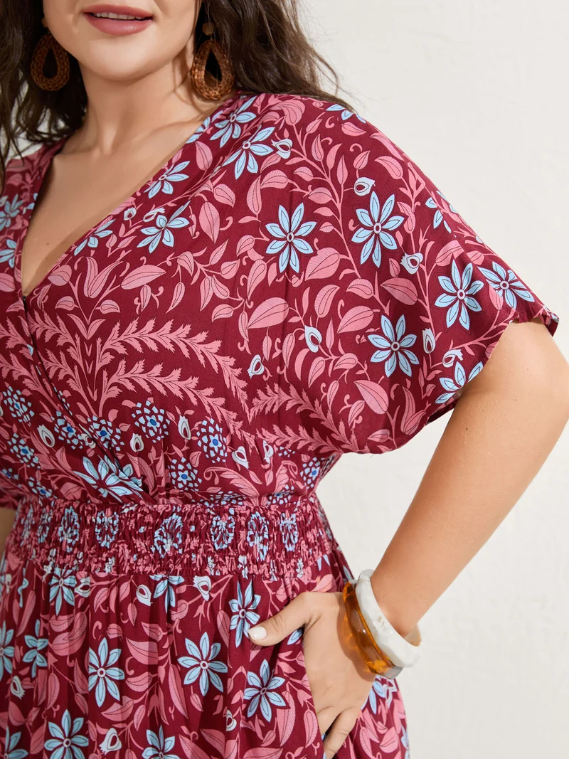 Rayon Boho Floral Shirred Waist Midi Dress