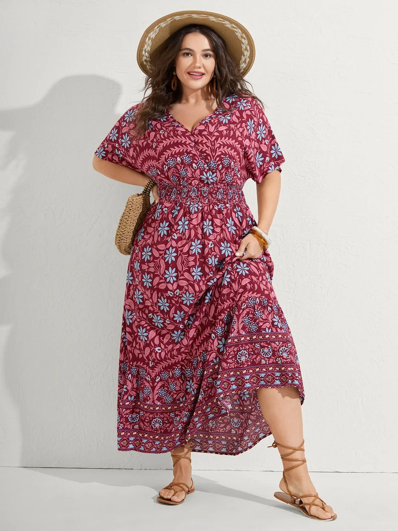 Rayon Boho Floral Shirred Waist Midi Dress