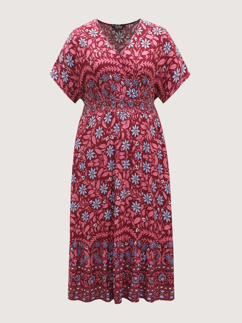 Rayon Boho Floral Shirred Waist Midi Dress