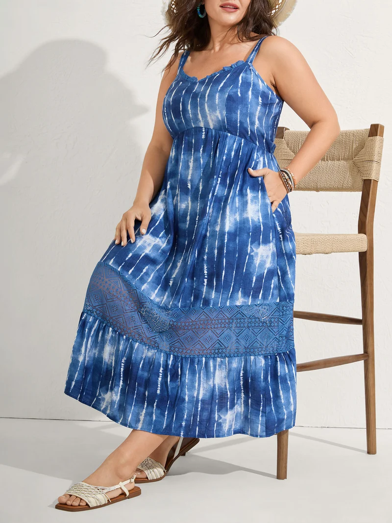 Tie-Dye Lace Trim Cami Midi Dress