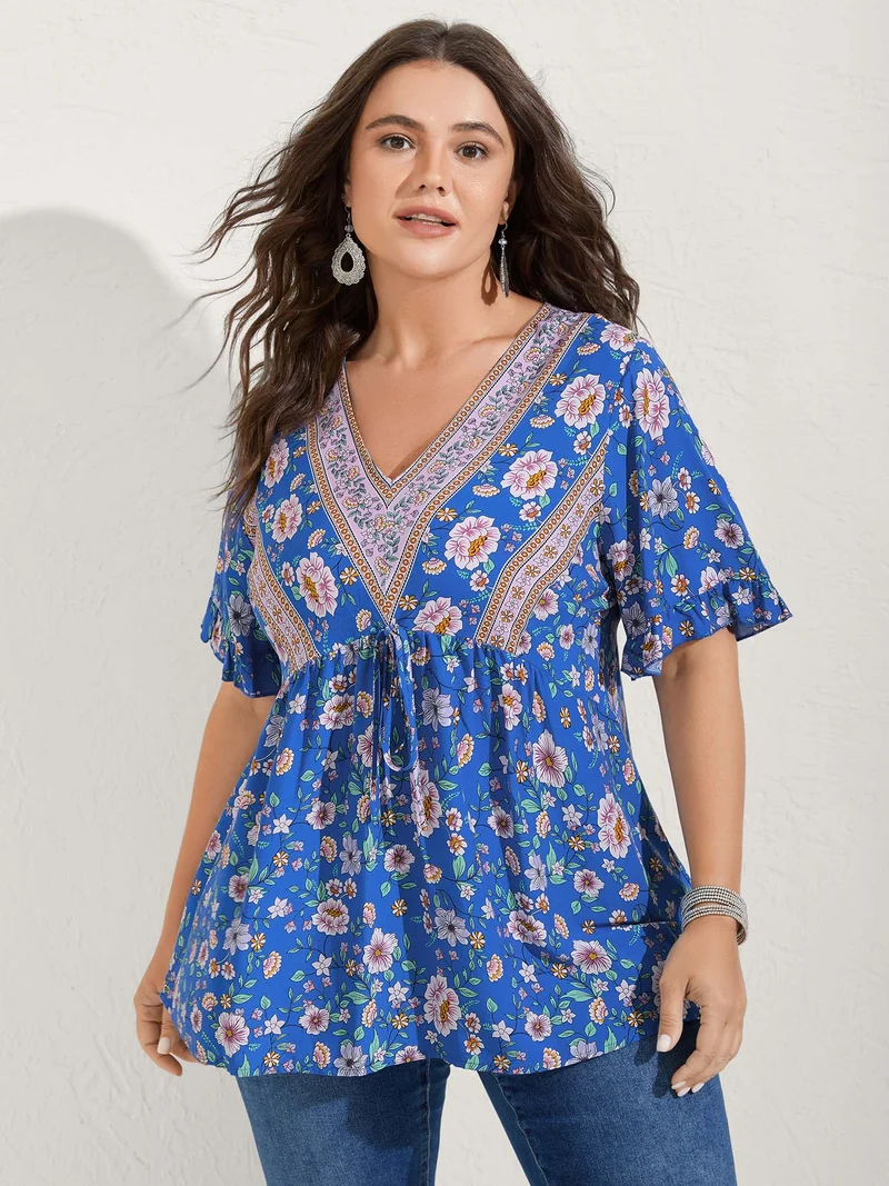 Asymmetrical Floral Print V-Neck Blouse