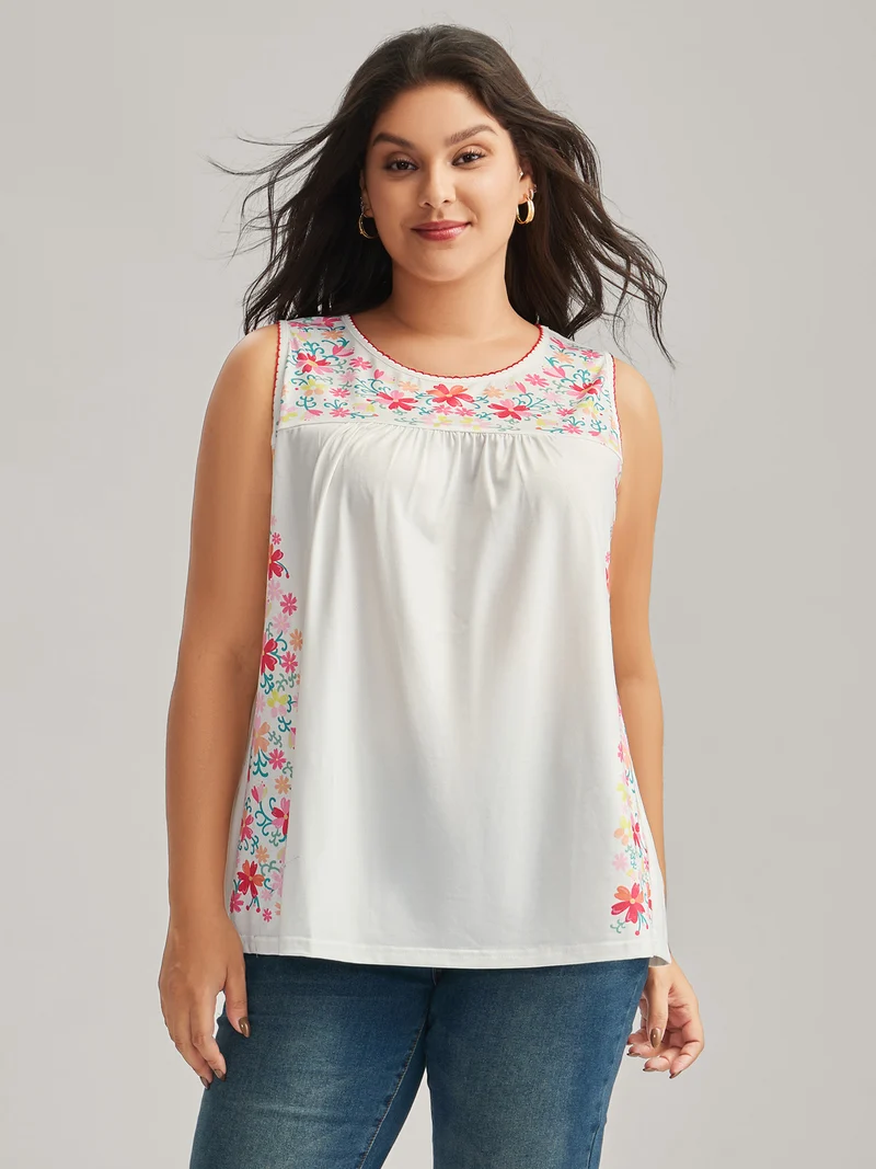 Stretchy Floral Neck Flowy Tank Top
