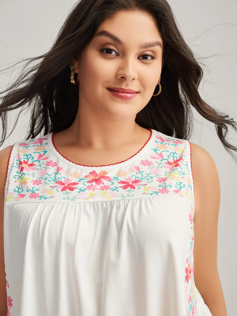 Stretchy Floral Neck Flowy Tank Top