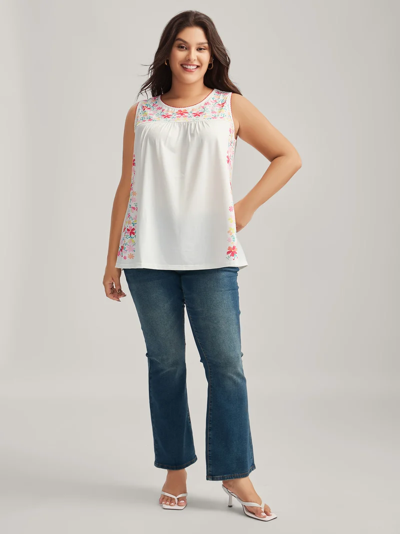 Stretchy Floral Neck Flowy Tank Top