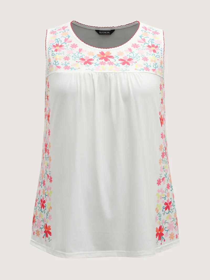 Stretchy Floral Neck Flowy Tank Top