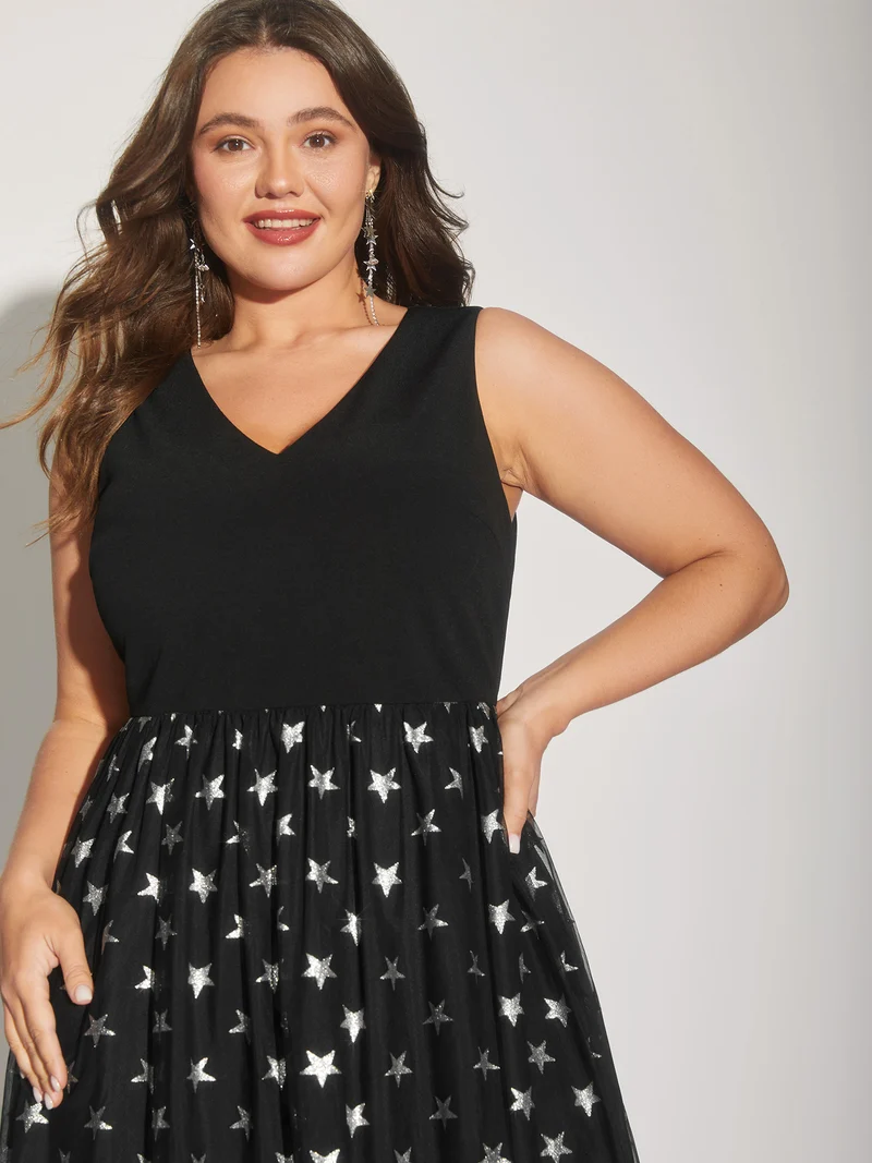 Sequins Star Print V-Neck Midi Dress