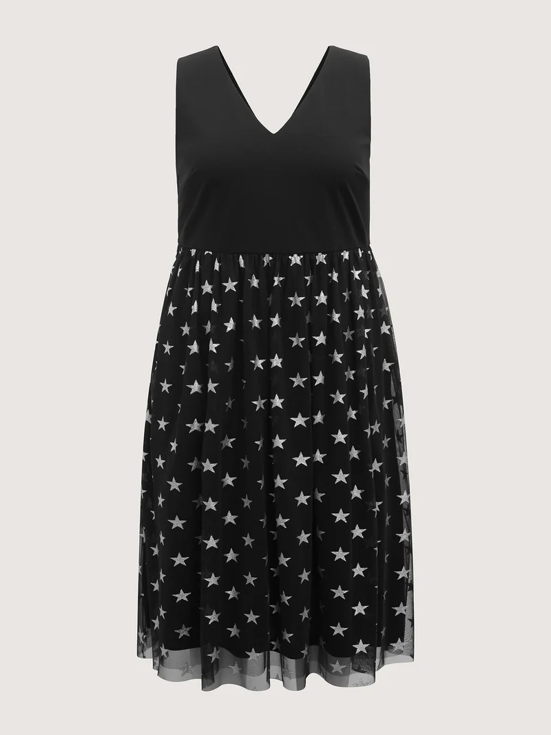 Sequins Star Print V-Neck Midi Dress