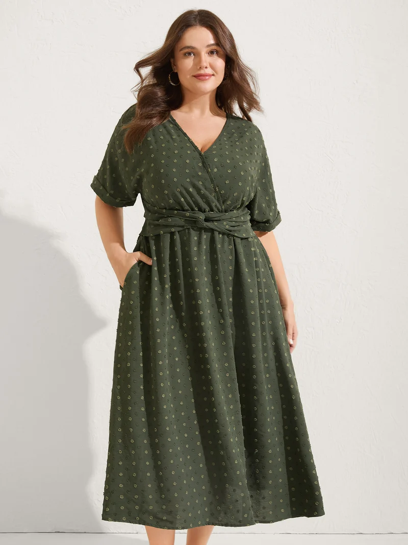 Textured Pleated Twist Waist Midi Dress